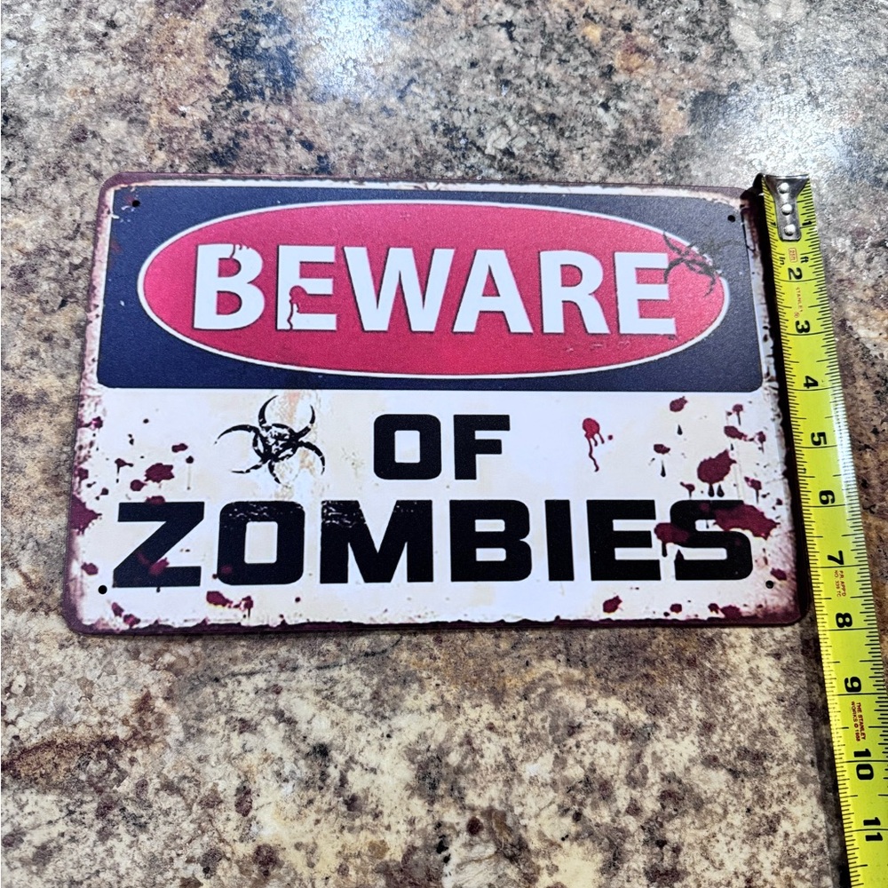 Beware of Zombies Metal Wall Sign - Red and White